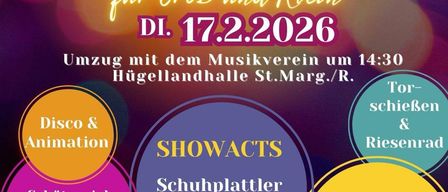 Poster for a Faschingsparty for all ages on February 17, 2026. Features activities like guessing games, disco, animation, and a big fire show. Prizes and free treats are offered.