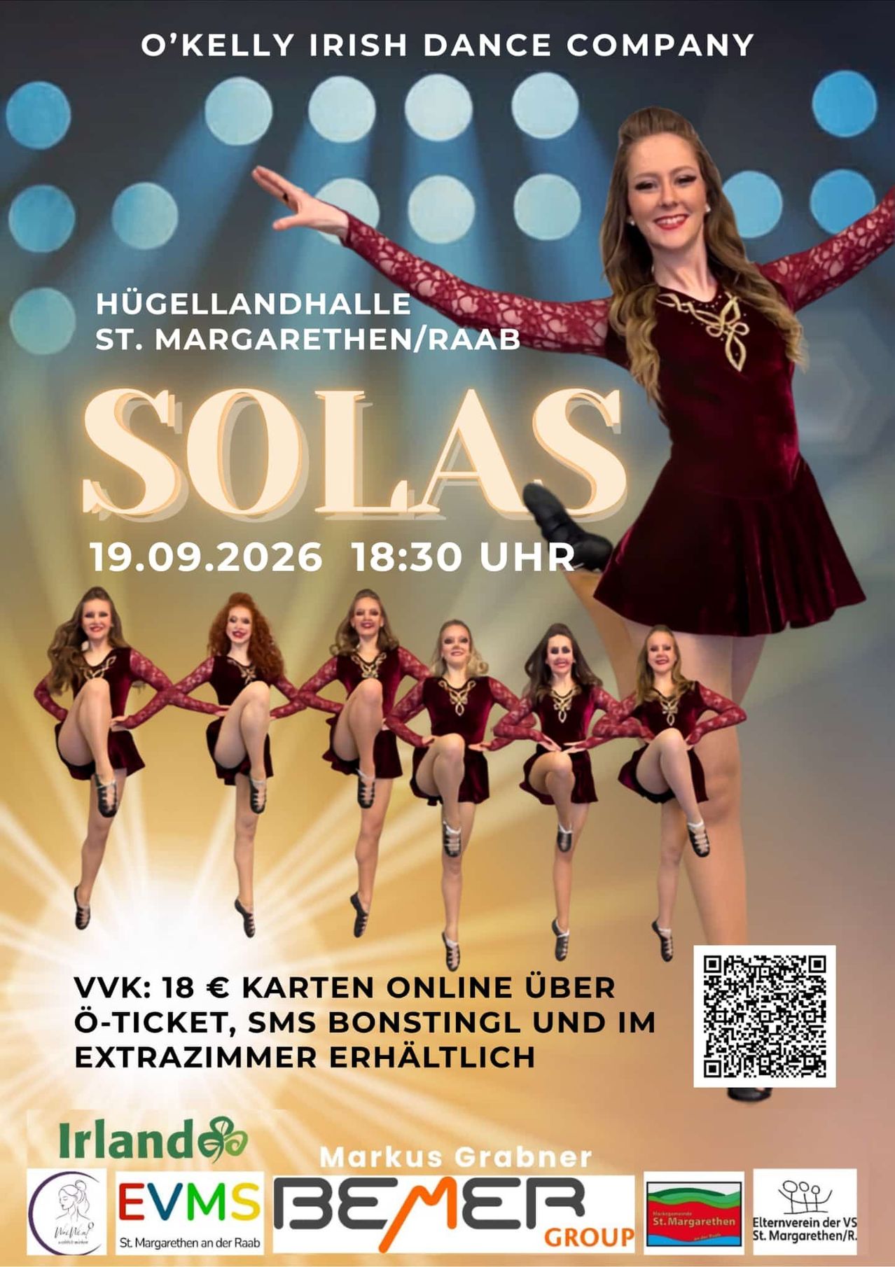 Poster for a dance event called 'SOLAS' on 19.09.2026 at 18:30 in Hugellandhalle, St. Margarethen/Raab. It features a group of women in red dresses dancing.