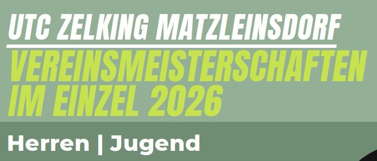 Plakat für Vereinsmeisterschaften im Einzel 2026 mit einem Tennisball und Schläger, mit Details zum Zeitplan und Veranstaltungen.