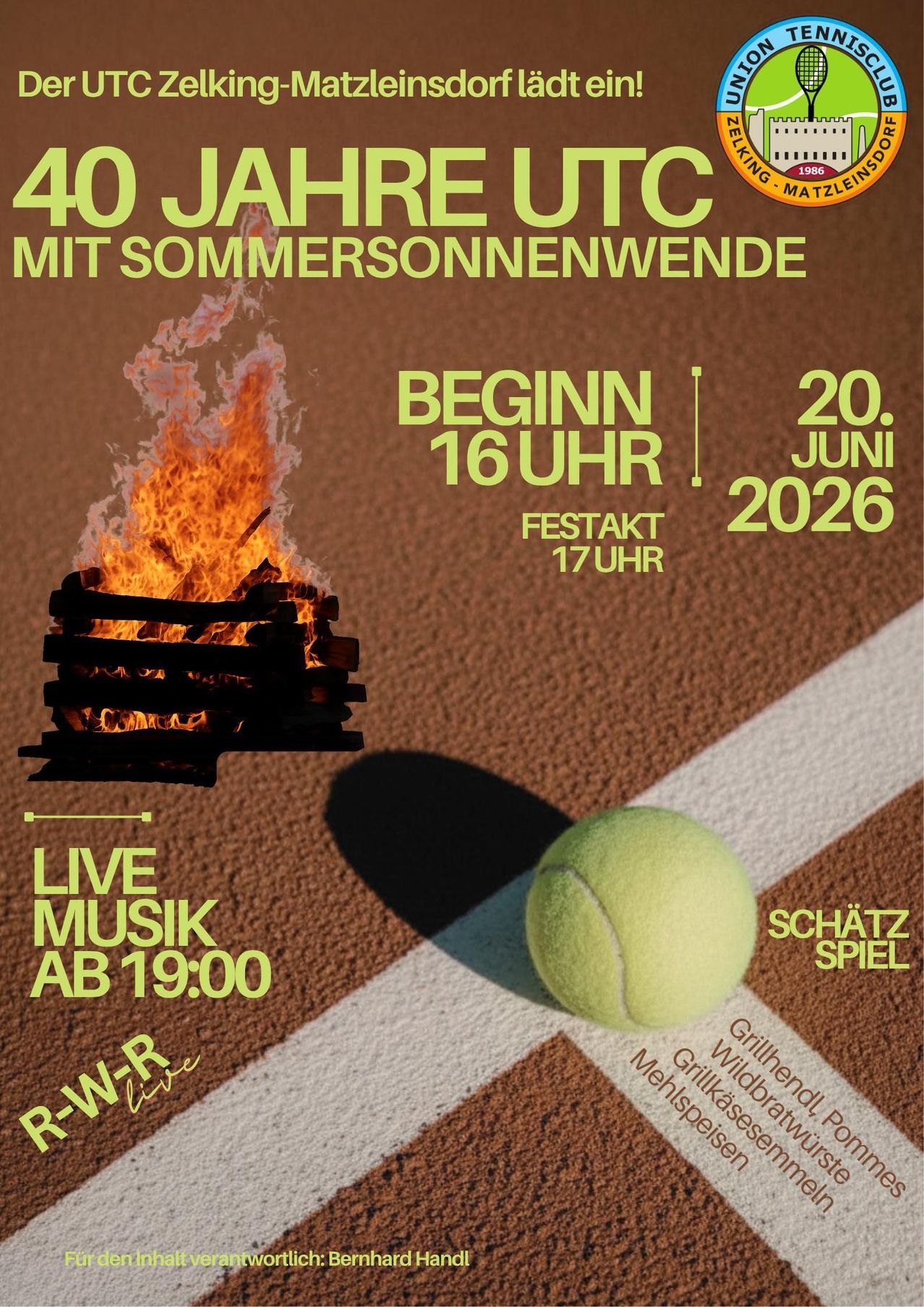 Plakat für 40 Jahre MTC. Zeigt einen brennenden Holzstapel und einen Tennisball. Veranstaltung beginnt um 16 Uhr, 20. Juni 2026. Live-Musik ab 19 Uhr.