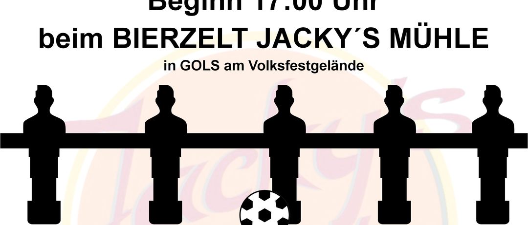 Plakat für das GOLSER VOLKSFEST 2025, geplant für den 10. August 2025, Beginn um 17:00 Uhr. Veranstaltungsort ist bei BIERZELT JACKY'S MUHLE in GOLS. Eine Fußballpartie wird mit Silhouetten der Spieler gezeigt. Der Eintritt zur Partie kostet 10 Euro pro Person, der Festivaleintritt 15 Euro.