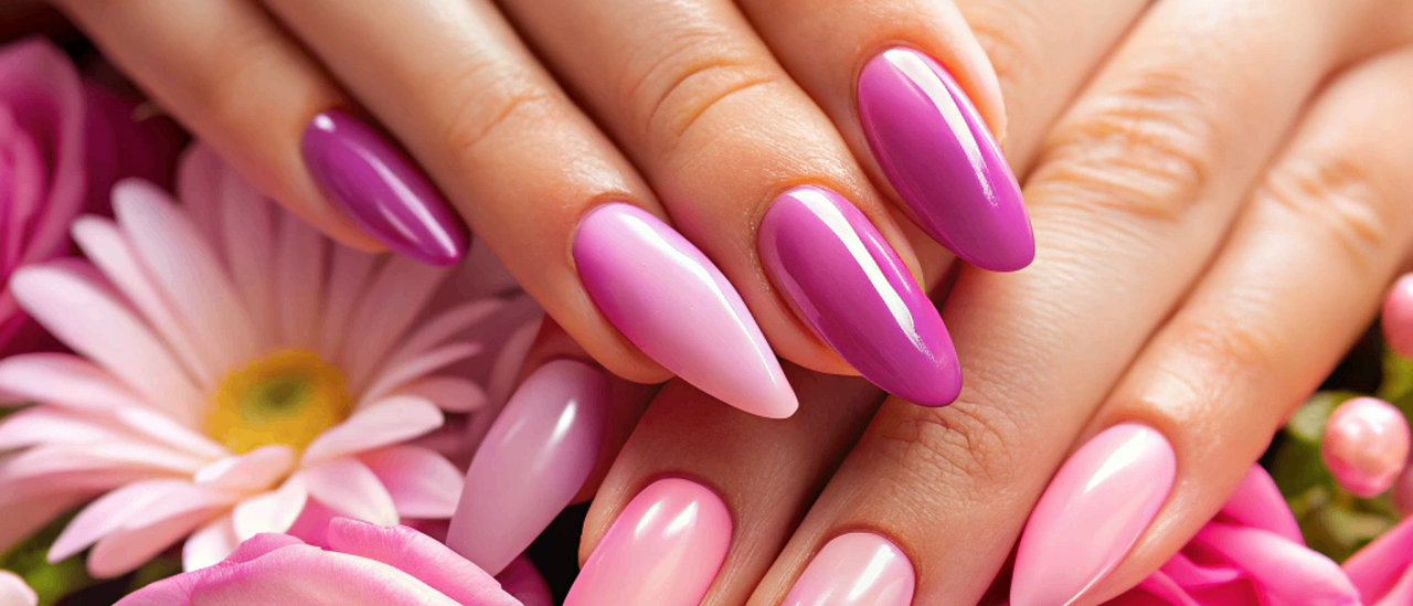 Nahaufnahme der Hände einer Frau mit gepflegten Nägeln in pinkem und lila Lack, umgeben von einem Strauß rosa Blumen.