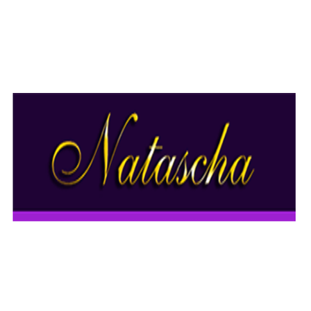Ein Logo mit dem Wort 'Natascha' in goldener kursiver Schrift auf einem lila Hintergrund.