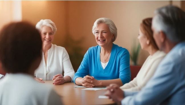 Eine Gruppe älterer Erwachsener sitzt um einen Tisch herum, lächelt und führt ein Gespräch. Auf dem Tisch liegen Papiere und ein Stift.