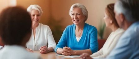 Eine Gruppe älterer Erwachsener sitzt um einen Tisch herum, lächelt und führt ein Gespräch. Auf dem Tisch liegen Papiere und ein Stift.