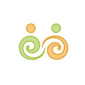 Zwei stilisierte menschliche Figuren mit Spiralen als Haar, eine in Grün und eine in Orange, verflochten auf weißem Hintergrund.