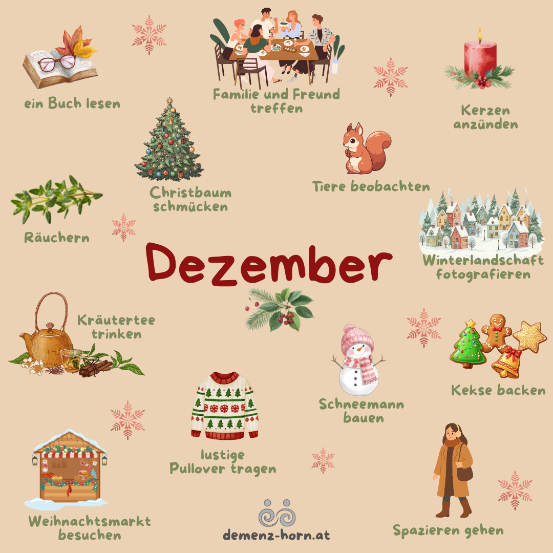 The image depicts a December activity guide with illustrations and descriptions of various winter activities. Activities include reading a book, visiting family and friends, lighting candles, decorating a Christmas tree, observing animals, photographing winter landscapes, and more.