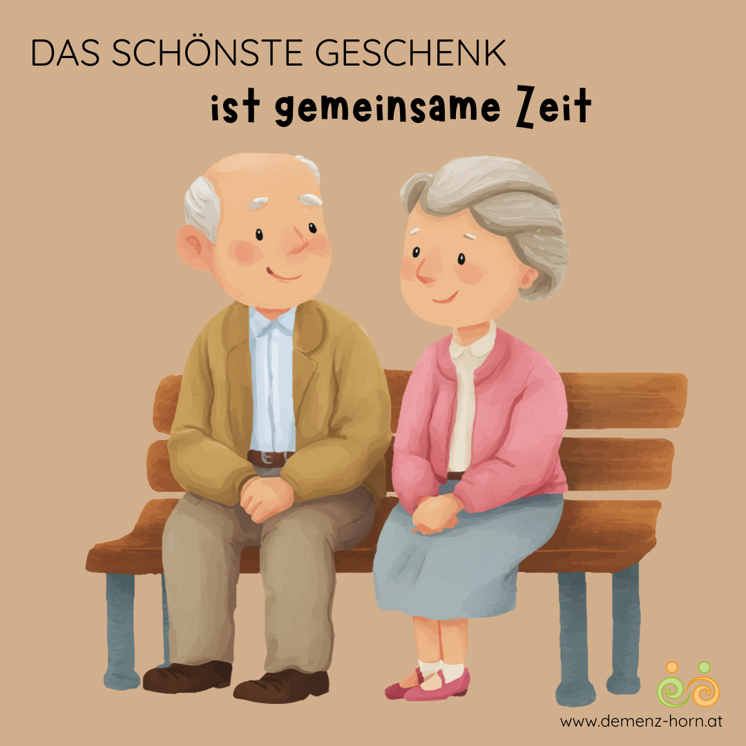 Eine Illustration eines älteren Paares, das auf einer Bank sitzt. Der Mann lächelt, während die Frau nachdenklich schaut. Darüber steht der Text 'Das schönste Geschenk ist gemeinsame Zeit.' Unten ist ein Website-Link zu sehen.