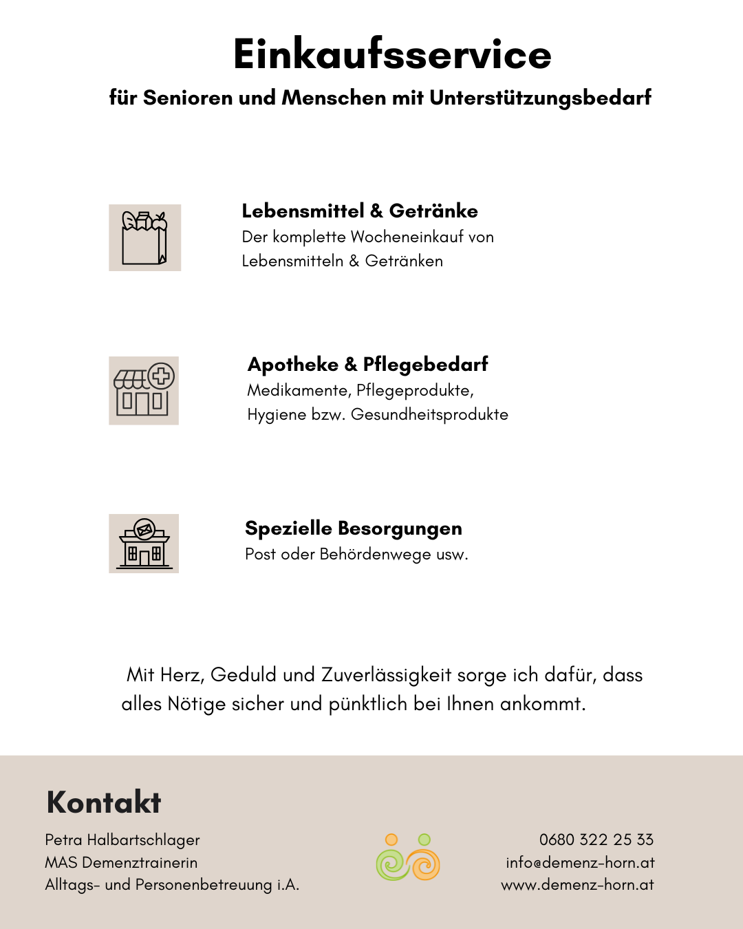 Das Bild zeigt Dienstleistungen für Senioren und Menschen mit Unterstützungsbedarf. Es umfasst Einkaufsservices, Apothekenprodukte und spezielle Vorkehrungen. Kontaktinformationen sind verfügbar.
