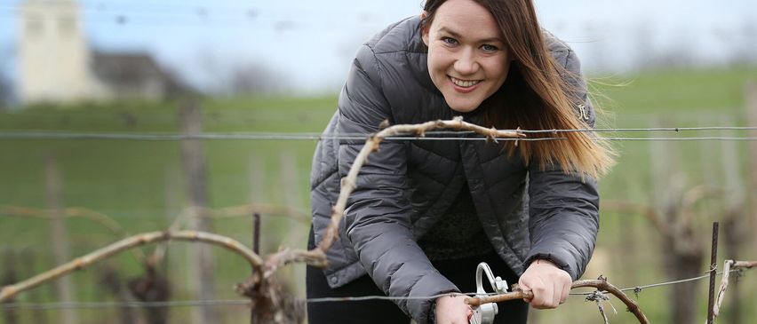 Eine Frau arbeitet in einem Weinberg, hält einen Ast und ein Beschneidungswerkzeug. Sie lächelt und ist warm gekleidet in einer grauen Jacke und schwarzen Hosen.