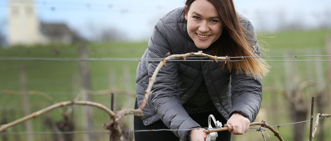 Eine Frau arbeitet in einem Weinberg, hält einen Ast und ein Beschneidungswerkzeug. Sie lächelt und ist warm gekleidet in einer grauen Jacke und schwarzen Hosen.