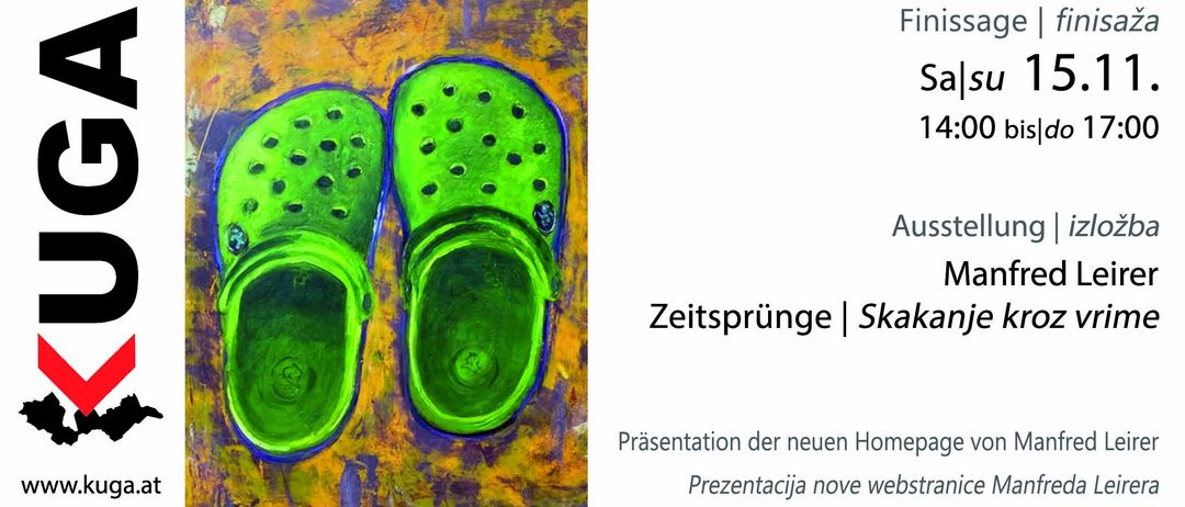 Eine abstrakte Malerei von zwei grünen Holzschuhen auf einem bunten Hintergrund. Die Worte 'Zeitsprünge | S' sind darüber geschrieben. Das Bild zeigt auch eine Präsentation der neuen 'Präsentation der neuen H' in der unteren rechten Ecke.