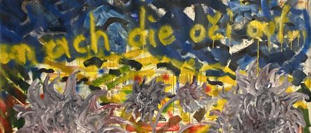 An abstract painting with flowers and text in bold yellow letters on a colorful background. The flowers are in shades of purple and green.