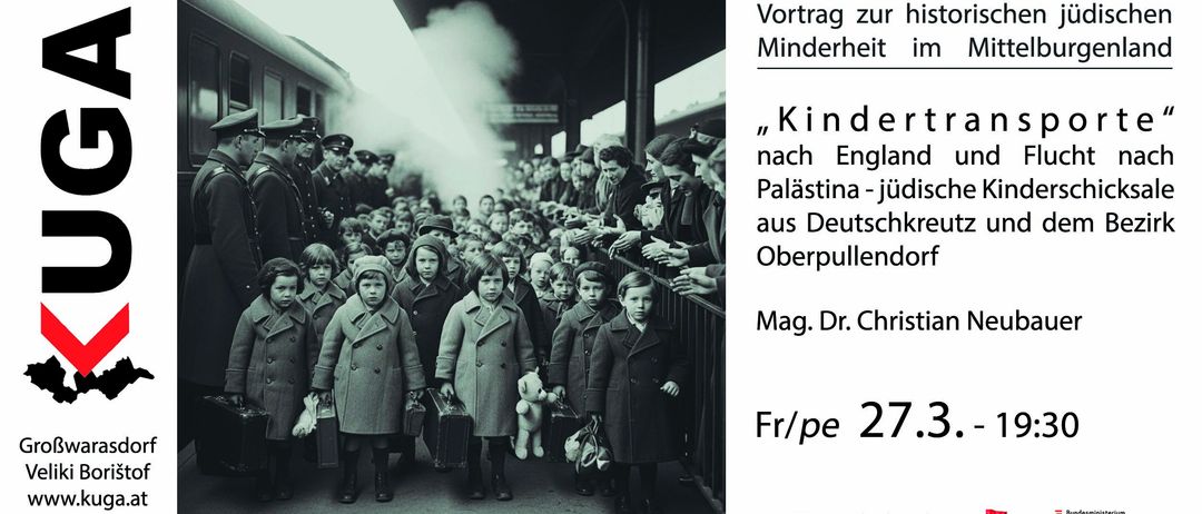 Schwarz-Weiß-Foto von Kindern, einige mit Koffern, stehen in einer Schlange am Bahnhof, mit Text auf Deutsch 'Vortrag zu Minderheit nach England Palästina aus Oberpullen Mag. Dr. Ch. Fr/pe 2'.