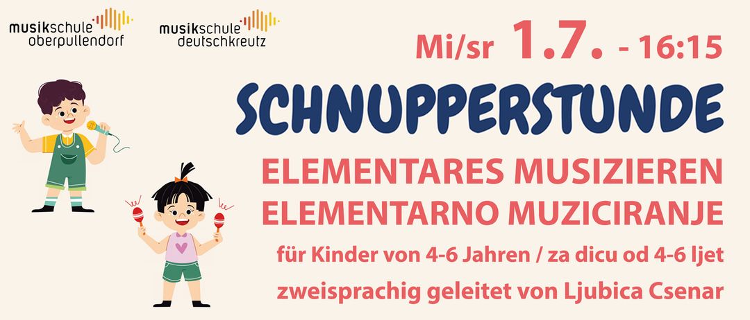 Werbeanzeige für 'Mi/sr 1 Schnupper', eine Einführungsveranstaltung für Kinder von 4-6 Jahren, zweisprachig geleitet. Zeigt ein Logo, ein rotes Objekt und fettgedruckten Text.