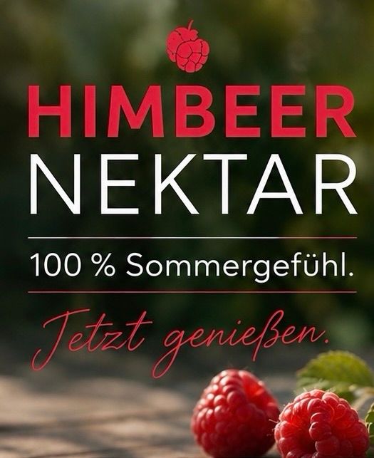 Ein Plakat, das Himbeer Nektar, ein 100% Sommergefühl, bewirbt, mit zwei reifen Himbeeren im Vordergrund.