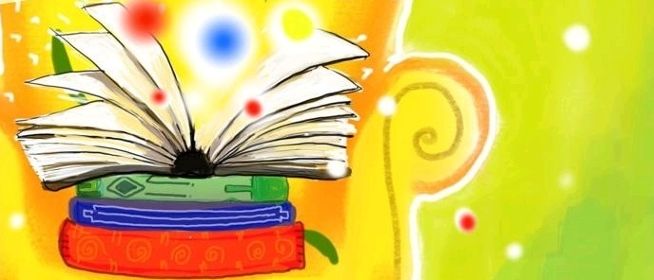 Eine Illustration zeigt einen farbenfrohen Sessel mit darauf platzierten Büchern. Der Text lautet 'Bücher stellen sich vor'. In der unteren rechten Ecke befindet sich eine Katze.