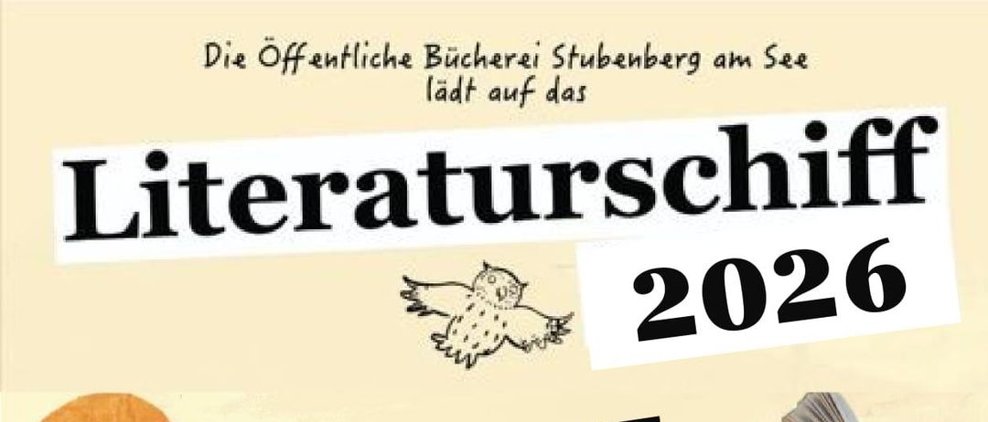 Plakat für Literaturschiff 2026 mit Terminen, Uhrzeiten und Veranstaltungsbeschreibungen. Zeigt ein Boot auf dem Wasser, Bücher und einen Leuchtturm.