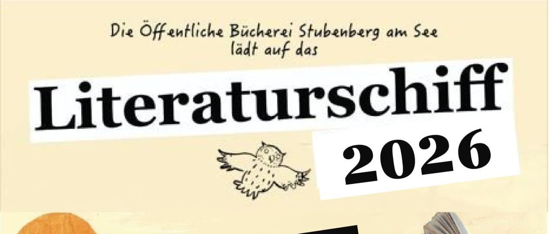 Werbeplakat für Literaturschiff 2026-Events. Drei Termine mit Details zu Sprechern und Musikern aufgelistet.