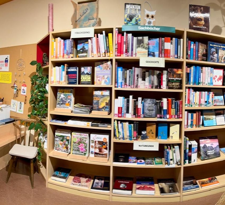 Ein Bücherregal mit verschiedenen Büchern und Zeitschriften. Das oberste Regal hat Romane, das mittlere Geschichtsbücher und das unterste Naturbücher. Ein Stuhl und eine Topfpflanze sind in der Nähe.