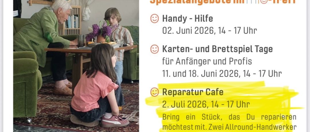 Ein älterer Mann und ein Junge sitzen an einem Tisch mit einer Weltkugel, Büchern und Blumen. Ein Mädchen kniet auf dem Boden in der Nähe. Das Bild enthält auch einen Zeitplan für verschiedene Aktivitäten.