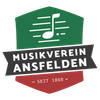 Ein grünes sechseckiges Logo für den Musikverein Ansfelder, mit einem Musiknotensymbol und Text, gegründet seit 1868.