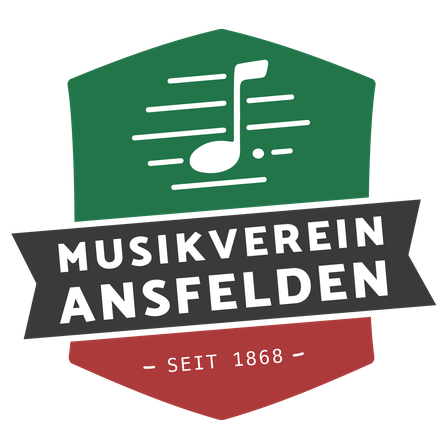 Ein grünes sechseckiges Logo für den Musikverein Ansfelder, mit einem Musiknotensymbol und Text, gegründet seit 1868.