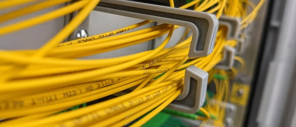 Eine Nahaufnahme von zahlreichen gelben und grünen Kabeln, ordentlich organisiert und in einem Rack befestigt, was eine gut gepflegte Netzwerkinfrastruktur zeigt.