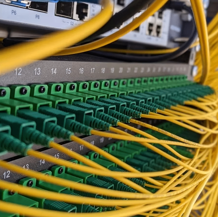 Eine Nahaufnahme eines Serverraums mit zahlreichen gelben und grünen Ethernet-Kabeln, die an Anschlüssen eines grauen Serverpanels angeschlossen sind.