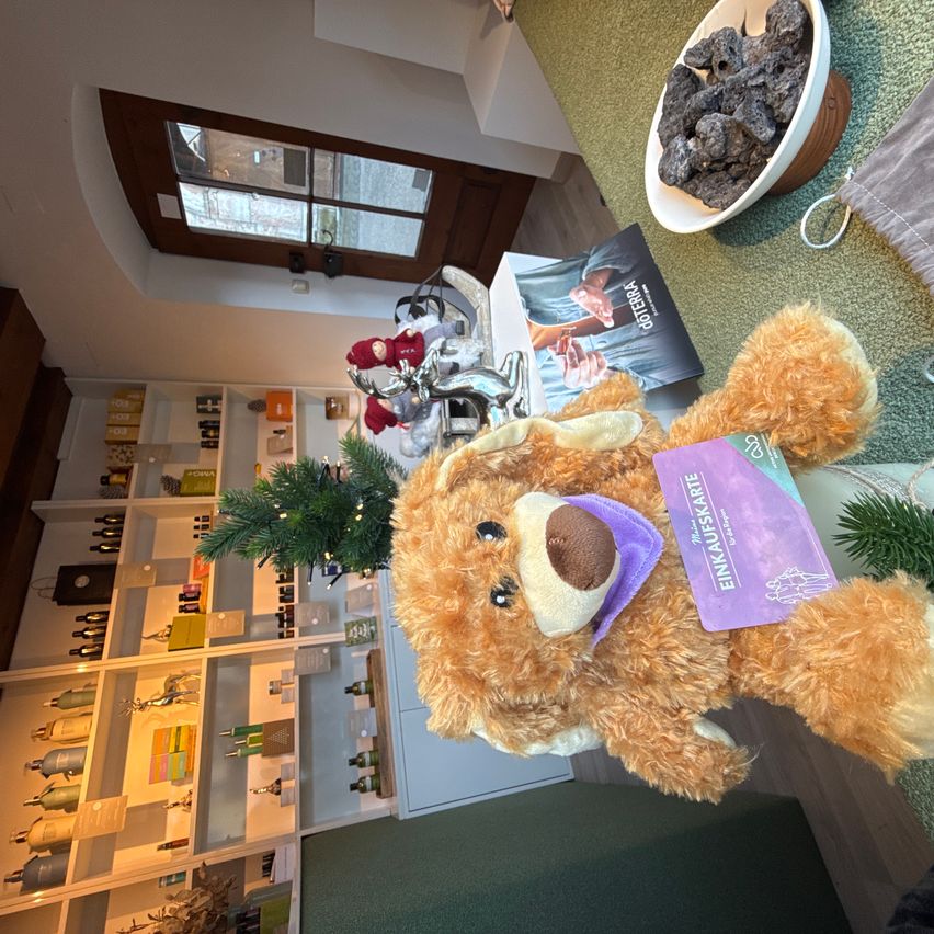 Ein brauner Teddybär mit einem lila Schal sitzt auf einem grünen Tisch. Dahinter befindet sich ein Regal mit Flaschen und Kisten. Ein Buch liegt auf dem Tisch. Es gibt eine Schüssel mit Steinen.