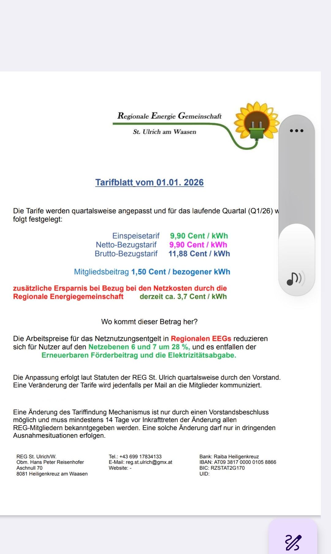 Das Dokument zeigt den Energietarif vom 01.01.2026. Die Tarife werden vierteljährlich angepasst und für das laufende Quartal (Q1/26) festgelegt. Es gibt Netto- und Bruttogebühren. Zusätzlich gibt es einen Mitgliedsbeitrag von 1,50 Cent pro kWh. Anpassungen erfolgen vierteljährlich durch den Vorstand.