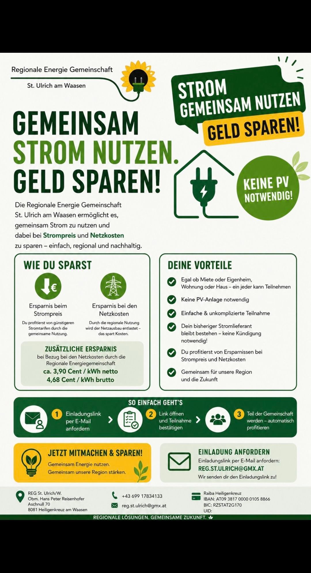 Infographic about Regionale Energie GmbH, promoting benefits of saving electricity and grid costs. Users can save by using regional electricity, with additional savings of 3.90 cents per kWh net and 4.68 cents per kWh gross. No PV installation necessary. Simple participation through email.