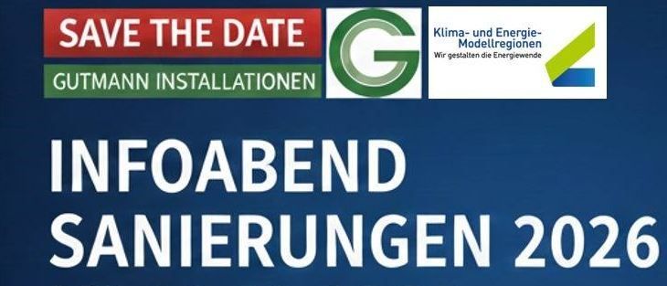 Veranstaltungsposter für Sanierungen 2026. Datum: 03.12.2025, Zeit: 18:00. Ort: Grazerplatz 6, 8280. Logos für Save the Date, Gutmann Installationen und Klima-und Energie-Modellregionen.