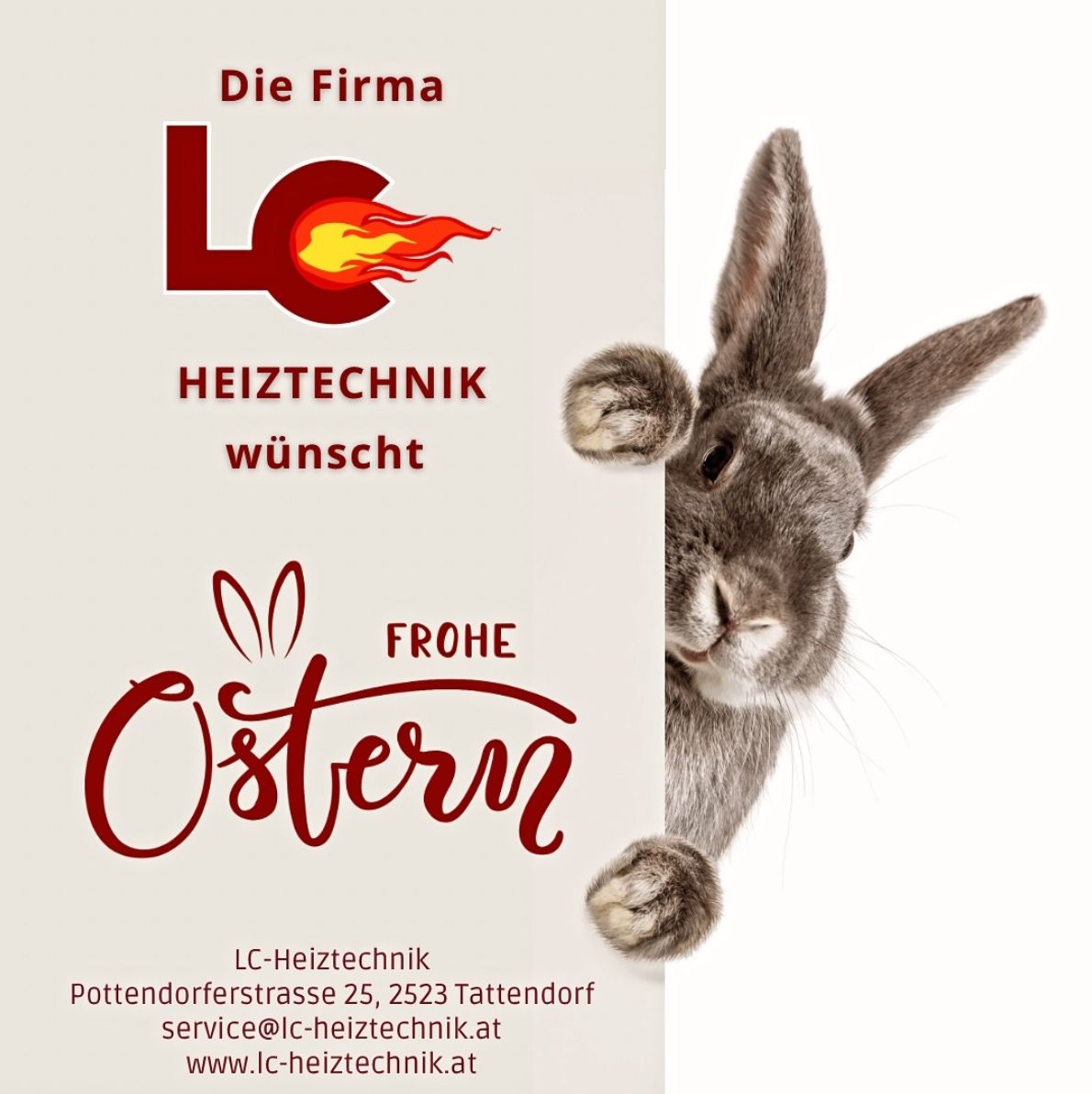 Plakat mit einem Kaninchen, das ein Feuerlogo und den Text 'Die Firma LC HEIZTECHNIK wünscht Frohe Ostern' zeigt, zusammen mit Kontaktinformationen für LC-Heiztechnik.