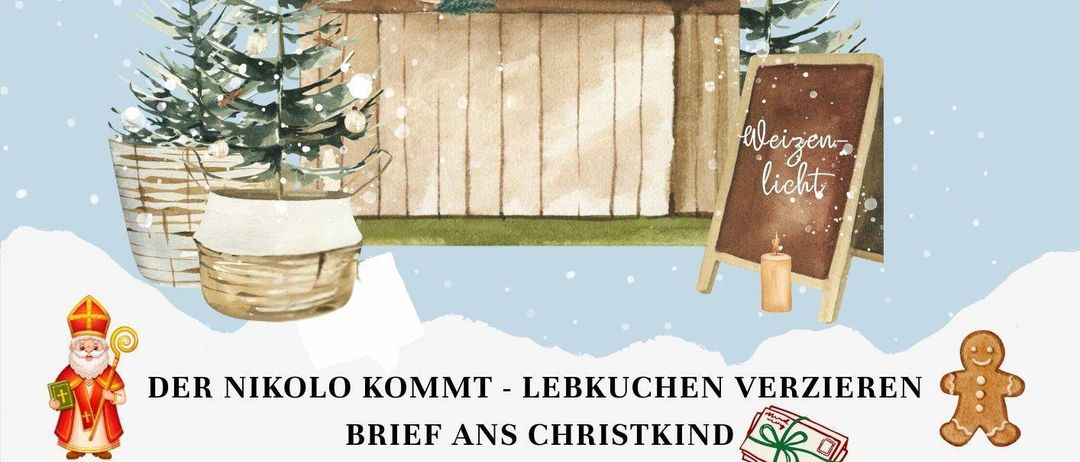 Eine Werbung für das traditionelle Weihnachtslicht-Event am 5. Dezember um 16 Uhr. Es zeigt einen festlichen Stand mit Weihnachtsbäumen und einem Schild mit der Aufschrift 'Weihnachtslicht'. Dargestellt sind der Weihnachtsmann und ein Lebkuchenmann. Der Text lädt Besucher ein, Briefe an das Christkind zu schreiben.