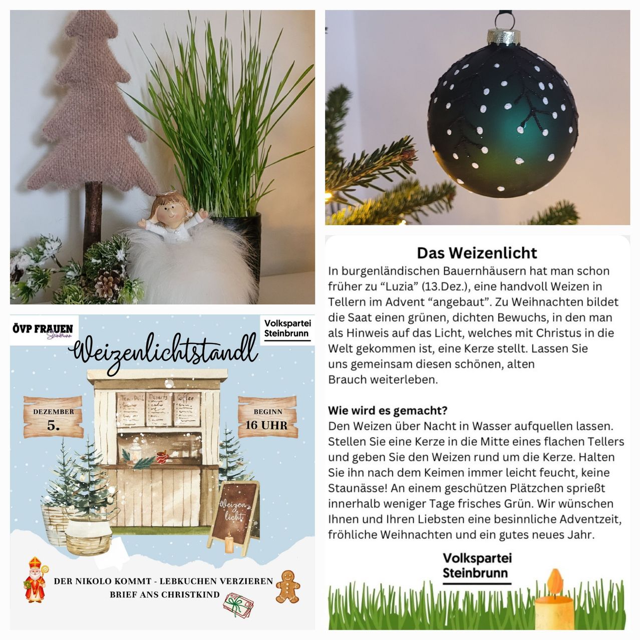 Eine Collage von Bildern mit einer Weihnachtsbaum, einer Puppe, einer Weihnachtskugel und einem Text über die Tradition des Weihnachtslichts. Das erste Bild zeigt einen gestrickten Weihnachtsbaum und eine Puppe. Das zweite Bild zeigt eine Weihnachtskugel mit grünen Punkten. Das dritte Bild ist ein Text über die Tradition des Weihnachtslichts.