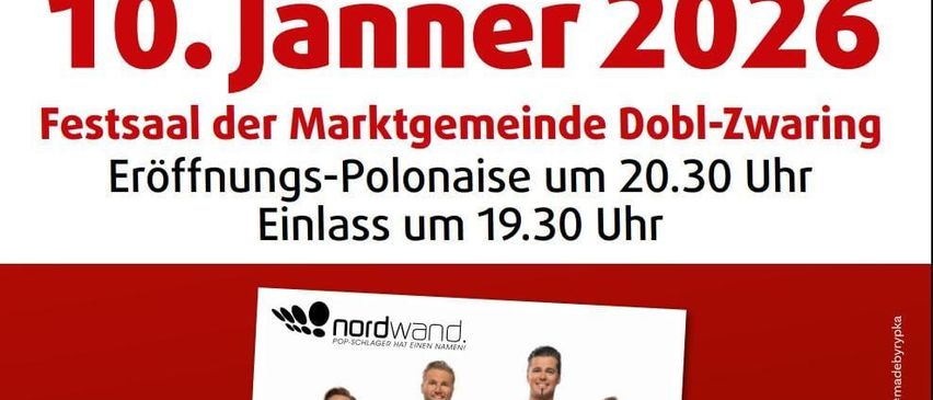 Plakat für eine Veranstaltung am 10. Januar 2026 mit drei Männern und der Nordwand-Band. Die Eröffnungs-Polonaise ist um 20:30 Uhr, der Einlass beginnt um 19:30 Uhr.