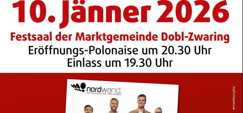 Plakat für eine Veranstaltung am 10. Januar 2026 mit drei Männern und der Nordwand-Band. Die Eröffnungs-Polonaise ist um 20:30 Uhr, der Einlass beginnt um 19:30 Uhr.