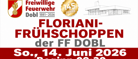 Plakat für Floriani-Juhschopp-Veranstaltung zur Feier von 145 Jahren. Mit goldener Medaille, Gebäudeskizze und Datum 1881-2026. Veranstaltung am 14. Juni 2024, Beginn um 09:30.
