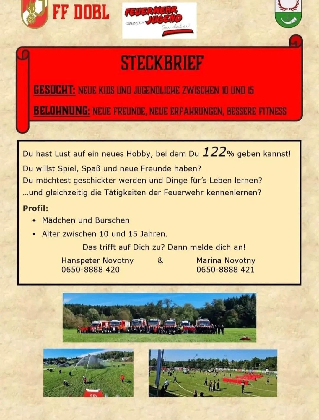 Plakat für ein Jugendfeuerwehrprogramm für Kinder im Alter von 10-15 Jahren, mit einem Gruppenfoto von jungen Teilnehmern in Feuerwehrausrüstung, mit Kontaktdaten für Hanspeter und Marina Novotny.