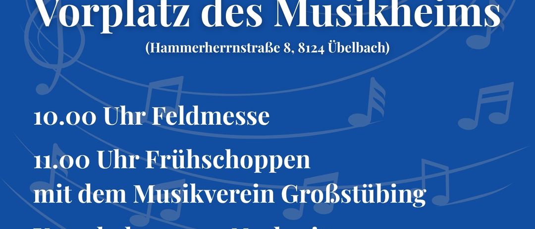 Plakat für das Überbacher Marktmusikfest am 7. September 2025. Veranstaltung am Vorplatz des Musikheims. Beginn um 10:00 mit Feldmesse und um 11:00 mit Frühstück mit dem Musikverein Großstibing. Abendunterhaltung mit 'Die Schoartnerbaum'. Bergfest, Kinderprogramm, Weinstand und mehr. Eintritt: freiwillige Spende!