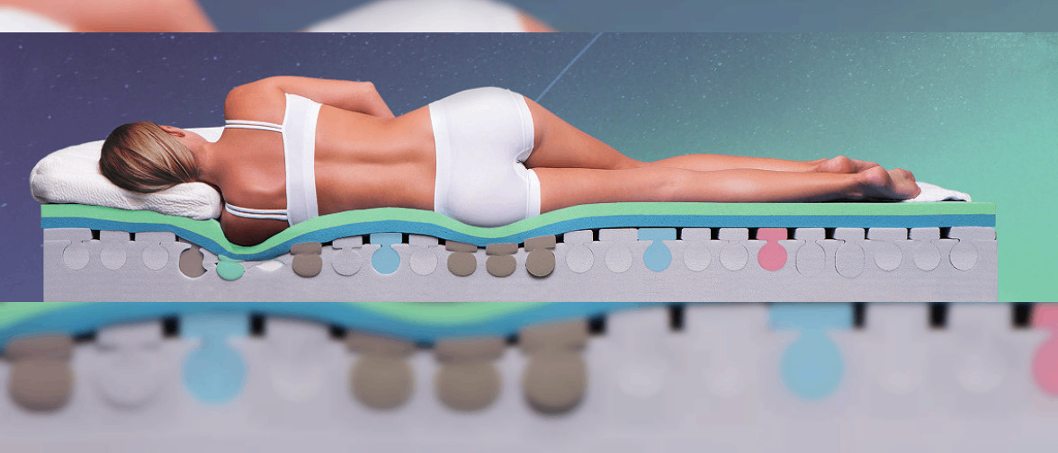 Eine Frau liegt auf einer gepolsterten Oberfläche, ihr Körper wird von einer verstellbaren Matratze gestützt, die die Konturen und Komfortmerkmale hervorhebt.