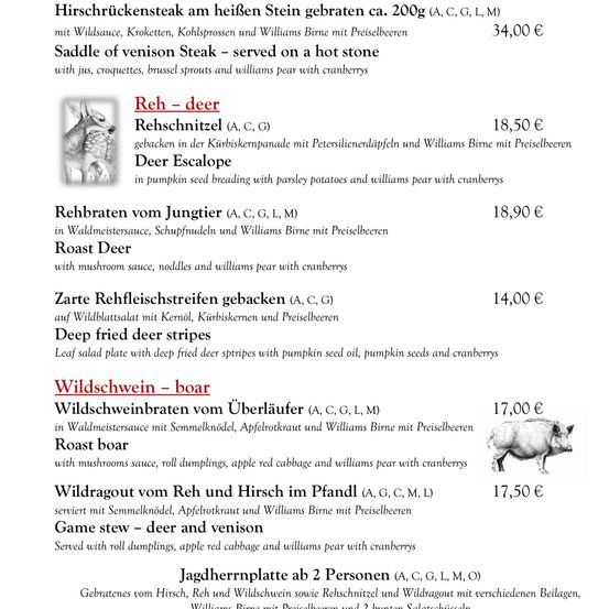 Menü mit Gerichten aus Reh und Wildschwein. Optionen umfassen Rehsteak, Reh-Escalope, gebratenes Reh, Wildschweinbraten und Wildgulasch. Jedes Gericht wird mit verschiedenen Zutaten wie Pilzen, Kohl und Williams-Birne serviert.