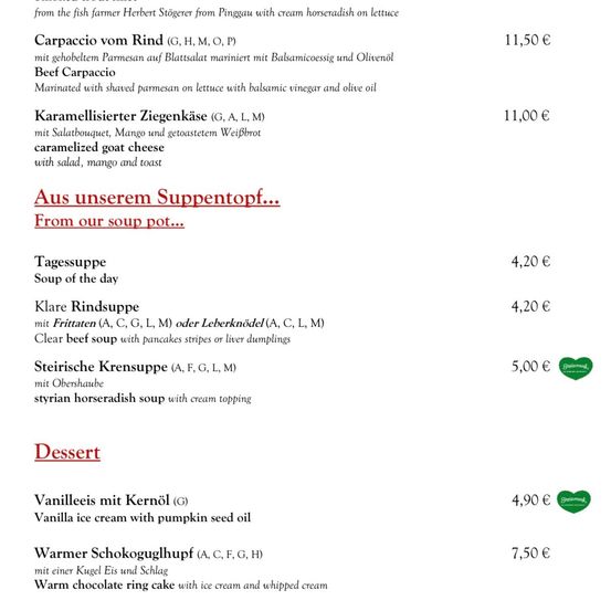 Ein Menü mit Rindfleischcarpaccio mit Parmesan und Salat, Ziegenkäse mit Mango und Toast, Tagessuppen, steirischer Meerrettichsuppe, Vanilleeis und einem warmen Schokoladenringkuchen.