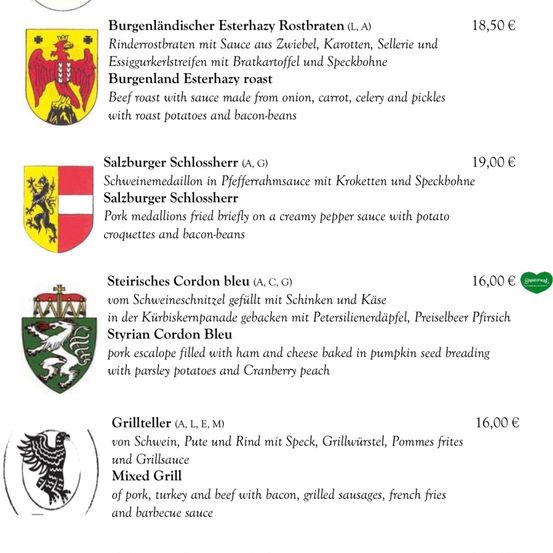 Eine Speisekarte mit vier Gourmetgerichten: Burgenlandischer Esterhazy Rostbraten, Salzburger Schlossherr, Steirisches Cordon Bleu und Grillteller. Jedes Gericht beinhaltet eine Beschreibung und Preis.
