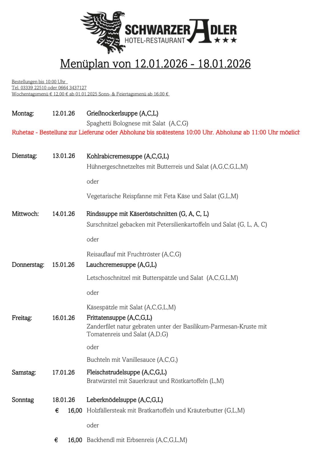 Eine Tabelle zeigt wöchentliche Essensoptionen von Montag bis Samstag. Jede Mahlzeit besteht aus einer Suppe, einem Hauptgericht und einem Dessert. Kontaktdetails und eine wöchentliche Menüreservierungsnotiz sind ebenfalls angegeben.
