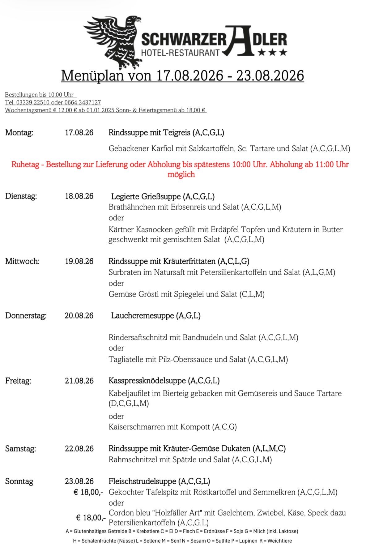 A menu for a week with various meals listed for each day, including beef soup with teigreis, grilled beef soup with bratahnchen, and other dishes. The menu also includes ordering details and prices.