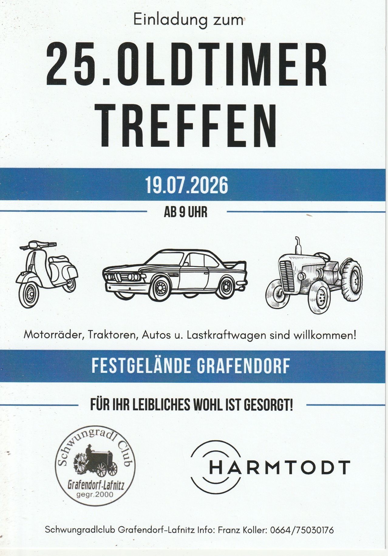 Poster for a vehicle gathering event on July 19, 2026, at 9 AM in Grafendorf. It features illustrations of a scooter, a car, and a tractor, with the slogan 'For your beloved vehicle, everything is taken care of!'. Organized by the Schwungrad Club.