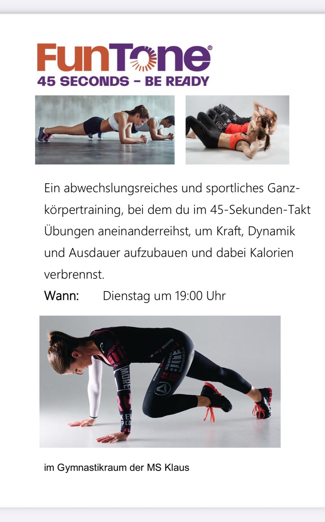 Bilder von Frauen, die Ganzkörpertraining machen. Eine Frau macht Liegestütze, während eine andere in der Plank-Position ist. Ein weiteres Bild zeigt Frauen, die Crunches machen. Der Text erklärt das Training.