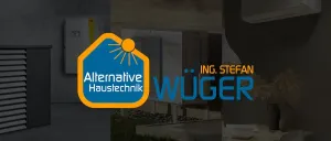 Das Bild zeigt das Logo von Alternative Haustechnik und Ing. Stefan Wüger. Das Logo zeigt eine Sonne und den Firmennamen in Blau und Gelb.